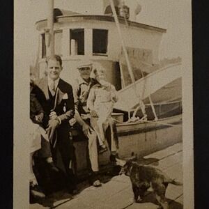 Vintage 1920s Snapshot Photo Men Child Dog on Dock‎ Boat Hired Man Note